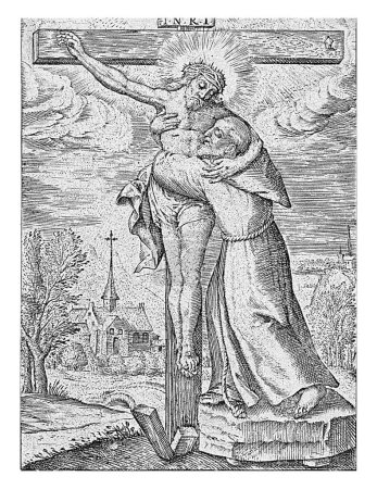 Photo for Saint Francis of Assisi Embracing Christ on the Cross, Johannes Wierix, 1559 - before 1585 Saint Francis of Assisi Embracing Christ on the Cross. - Royalty Free Image