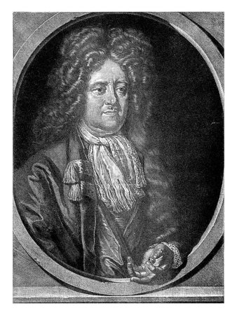 Téléchargez les photos : Portrait de Johann Heinrich Biehler, Pieter Schenk (I), d'après David Richter (I), 1698 - 1713 Le joaillier Johann Heinrich Biehler tenant une pierre précieuse dans sa main. - en image libre de droit