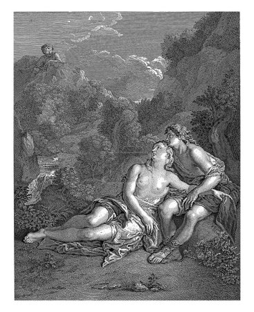 Foto de Acis y Galatea vistos por Polifemo, Edme Jeaurat, después de Charles de Lafosse, 1722, grabado vintage. - Imagen libre de derechos