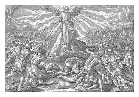 Dritte Vision Esras: Die Menge, die den Mann aus dem Meer bekämpft, Maerten de Vos, 1585 Die dritte Vision Esras. Er sieht eine Menschenmenge gegen einen geflügelten Mann kämpfen, der auf einen Berg geflohen ist.