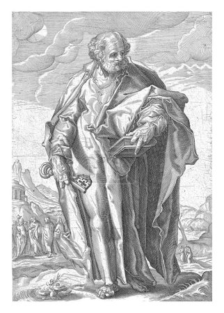 Foto de Petrus, anónimo, después de Hendrick Goltzius, 1589 1625 Petrus está parado en un paisaje montañoso con dos llaves en su mano derecha y un libro en su mano izquierda. - Imagen libre de derechos