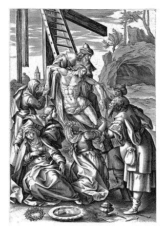 Téléchargez les photos : Descente de la Croix, Antonie Wierix (II), d'après Maerten de Vos, 1583 - 1587 Le corps du Christ est tiré de la croix par Nicodème et Joseph. - en image libre de droit