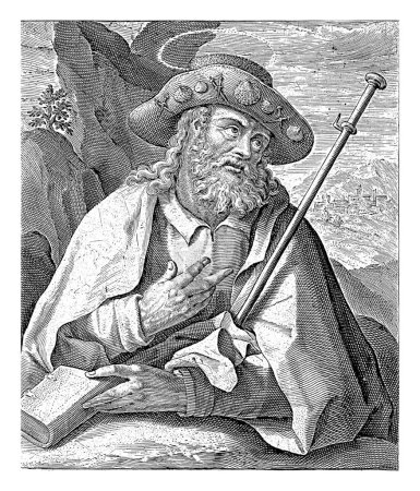 Téléchargez les photos : Apôtre Jacques le Grand, Crispijn van de Passe (I), 1594 Buste de l'apôtre Jacques le Grand, chapeau décoré de coquillages. Dans son bras il tient un bâton de marche et dans sa main gauche il tient un livre. - en image libre de droit