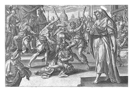 Téléchargez les photos : Martyre de Jacques le Mineur, Hans Collaert, après Maerten de Vos, 1646 Jacques le Mineur est battu à mort par des hommes avec des clubs. A droite de la scène de son martyre, il est représenté à nouveau, avec un livre - en image libre de droit