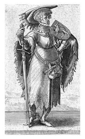 Foto de Retrato de Dirk V, conde de Holanda, Adriaen Matham, 1620 Retrato de Dirk V, conde de Holanda, de pie en armadura con el escudo de armas de Holanda en el hombro y una espada en la mano. - Imagen libre de derechos