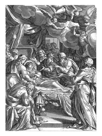 Téléchargez les photos : Lit de mort de Marie, Johann Sadeler (I) (peut-être), d'après Cornelis Cort, d'après Federico Zuccaro, 1567-1600 Le lit de mort de Marie. Elle est entourée par les apôtres qui pleurent. - en image libre de droit