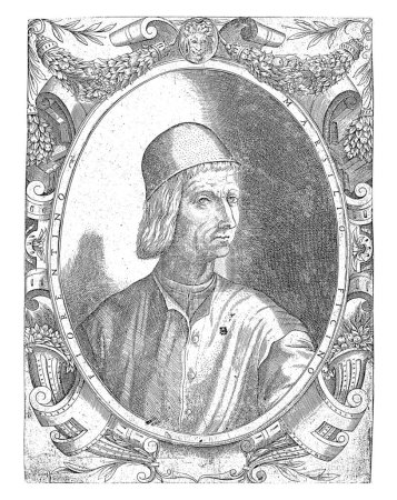 Foto de Retrato del filósofo Marsilio Ficino, Enea Vico (posiblemente), 1533 - 1567 Retrato de Marsilio Ficino, enmarcado en adorno. - Imagen libre de derechos
