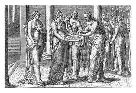 Téléchargez les photos : La Mariée Pénitente se lave les mains, Johannes Wierix (éventuellement), d'après Gerard van Groeningen, 1574 La Mariée Pénitente (Sponsa) se lave les mains dans un bol tenu par Pénitence (Poenitentia). - en image libre de droit