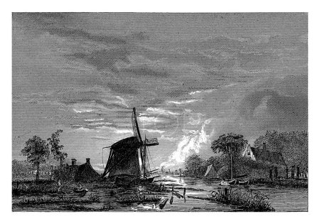 Foto de Molino en un río, Christiaan Lodewijk van Kesteren, 1842 - 1897 A orillas de un río, con barcos, hay un molino, alberga algunos árboles. - Imagen libre de derechos