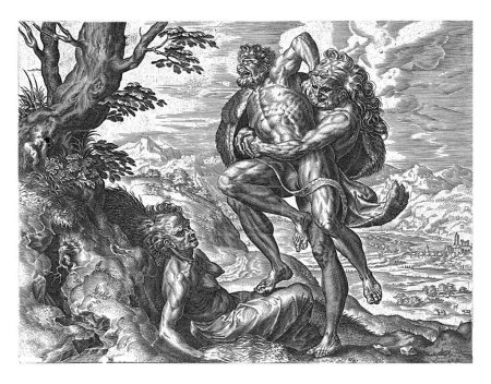 Téléchargez les photos : Hercule luttant contre Antaeus, Cornelis Cort, après Frans Floris (I), 1563 Hercule vainc le géant Antaeus en le soulevant jusqu'à ce qu'il renonce à sa résistance et meurt. - en image libre de droit