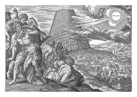 Babylonisches Zungenverwirrspiel, Hans Collaert, nach Jan Snellinck, 1643 erscheint Gott der Vater in Gestalt des von Heiligenschein und Cherubim umgebenen Tetragrammatons am Himmel am Turm zu Babel.