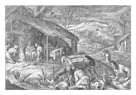 Téléchargez les photos : Hiver, Jan van Ossenbeeck, à partir de 1660 Deux hommes chargent un âne de bois. Un troisième homme coupe un tronc d'arbre en morceaux. Sur la gauche, une famille assise autour d'un feu dans leur cabane, à l'abri du froid hivernal. - en image libre de droit