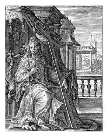 Foto de Santa Elena, Magdalena de Passo, 1574 - 1637 Santa Elena con la cruz en la mano, sentada en un trono. En el margen una leyenda de cuatro líneas, en dos columnas, en latín. - Imagen libre de derechos