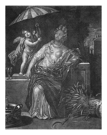 Téléchargez les photos : Zomer, anonyme, d'après Jan Broedelet, 1690 - 1750 Représentation allégorique de l'été. Une femme au sein nu s'assoit sur un banc à l'ombre du parasol qui lui tend un putto. - en image libre de droit