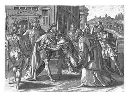 Photo for Absalom seizes power, Johannes Wierix, after Maerten de Vos, 1585 Absalom embraces an Israelite at the city gates of Jerusalem. - Royalty Free Image