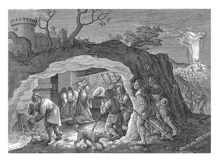 Foto de Adoración de los pastores, Antonie Wierix (II), 1565 - antes de 1604 El Niño Cristo yace sobre el heno en el establo de una cueva. María arrodillada lo muestra a los pastores. - Imagen libre de derechos