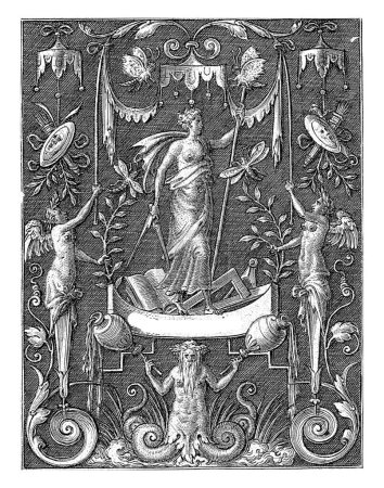 Téléchargez les photos : Géométrie, Etienne Delaune, 1528 - 1583 La géométrie avec une boussole à la main. En bas à gauche et en bas à droite se trouve une herme femelle ailée. - en image libre de droit