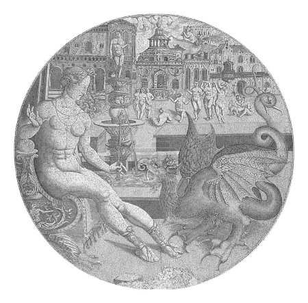Foto de Santa Marta y el Dragón, Monogramista AC, 1553 Dos escenas de la historia de Marta y el dragón. En primer plano: Marta con vara y corona de laurel en el trono, frente a su dragón manso. - Imagen libre de derechos