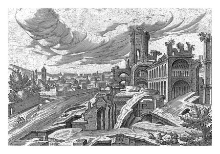 Foto de Vista de la Colina Palatina, Hendrick van Cleve, 1585 Vista de las ruinas de la Colina Palatina. En primer plano algunos artistas que esbozan el entorno. - Imagen libre de derechos