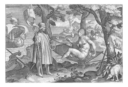 Téléchargez les photos : Amerigo Vespucci découvre l'Amérique, Theodoor Galle, d'après Jan van der Straet, vers 1589 - vers 1593 Amerigo Vespucci met les pieds en Amérique. Dans sa main gauche l'astrolabe. - en image libre de droit