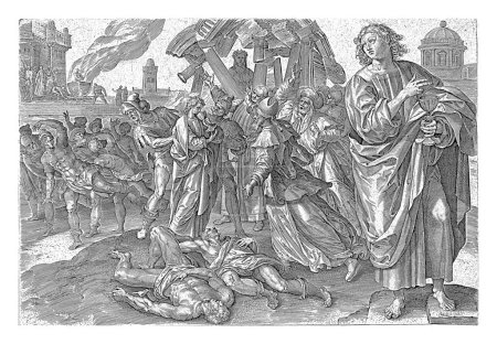 Téléchargez les photos : Martyre de Johannes, anonyme, d'après Maerten de Vos, 1646 Au premier plan droit se trouve Johannes avec une coupe à la main. Cet apôtre est mort de causes naturelles, mais a enduré quelques tortures. - en image libre de droit