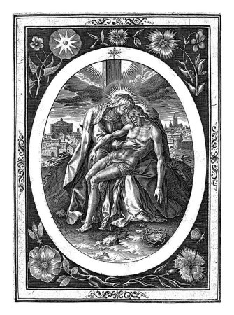 Téléchargez les photos : Pieta, Jacob de Weert, d'après Maerten de Vos, 1588 - 1621 Avant la croix, Marie pleure le corps du Christ mort, qui repose sur ses genoux. - en image libre de droit
