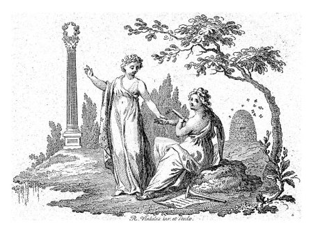 Téléchargez les photos : Paysage avec un luth jouant la femme et une femme pointant vers une colonne classique, Reinier Vinkeles (I), 1751 - 1816 - en image libre de droit