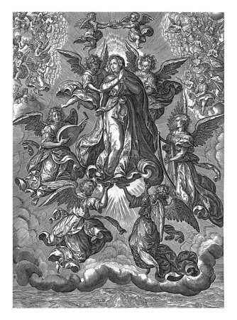 Photo for Assumption of Mary, Johannes Wierix, 1559 - 1620 Mary is taken to heaven by four angels. Above her two angels with a crown. Angels making music and worshiping in the upper corners. - Royalty Free Image