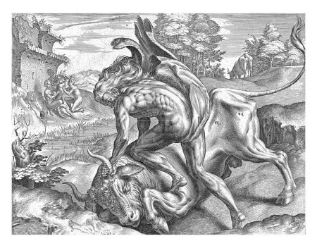 Foto de Hércules luchando con Aqueloo, Cornelis Cort, después de Frans Floris (I), 1563 Hércules lucha con el dios del río Aqueloo que ha tomado la forma de un toro. - Imagen libre de derechos