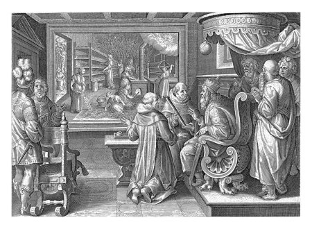 Téléchargez les photos : Transformation de la soie, Philips Galle, d'après Jan van der Straet, vers 1589 - vers 1593 L'empereur Justinien est assis sur un trône et reçoit des mains de deux moines un bâton de bambou avec les œufs du ver à soie. - en image libre de droit