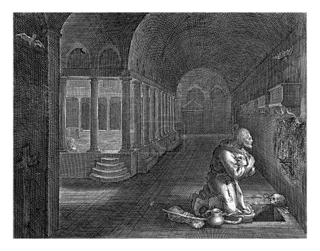 Photo for St. Paul as a hermit, Jan van Londerseel, after Maerten de Vos, St. Paul as a hermit is kneeling in front of a crucifix in a cloister. Next to him are a pitcher, a walking stick and a loaf of bread. - Royalty Free Image
