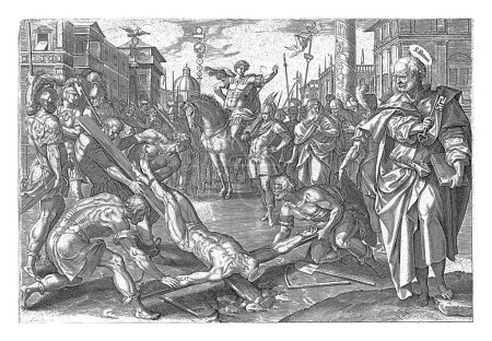 Téléchargez les photos : Martyre de Pierre, anonyme, d'après Maerten de Vos, 1646 Pierre est crucifié à l'envers. A droite de la scène de son martyre, il est représenté à nouveau avec les clés à la main. - en image libre de droit