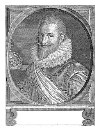 Téléchargez les photos : Portrait de Christian IV, roi du Danemark, Pieter de Jode (II), 1628 - 1670 Portrait de buste de Christian IV, roi du Danemark. Il porte un collier de meule et une ceinture. Une couronne en arrière-plan. - en image libre de droit