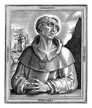 Foto de San Agustín de Hipona, Jerónimo Wierix, después de Philips Galle, 1563 - antes de 1610 San Agustín de Hipona, uno de los padres de la iglesia, con las manos cruzadas en oración. - Imagen libre de derechos