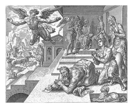Abschied vom Erzengel Raffael, anonym, nach Maarten van Heemskerck, 1556 - 1633 Tobit und Tobias knien auf dem Boden, nachdem sich der Erzengel Raffael bekannt gegeben hat.