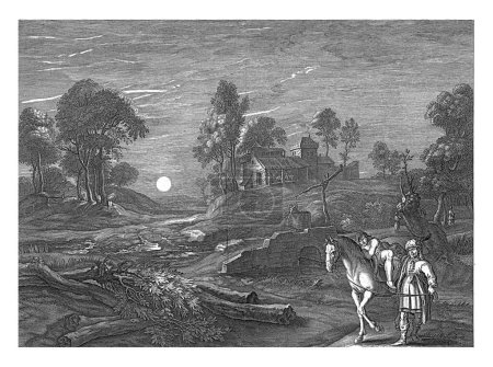 Foto de Buen samaritano, anónimo, después de Schelte Adamsz. Bolswert, después de Peter Paul Rubens, 1630 - 1702 Paisaje con el buen samaritano en primer plano, transportando al hombre herido en su burro. - Imagen libre de derechos