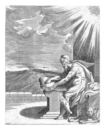 Marcus und der Löwe, Isaac Duchemin (zugeschrieben), nach Adriaan de Weerdt, 1563 - vor 1590 Der Evangelist Marcus sitzt an seinem Schreibtisch und schreibt sein Evangelium.