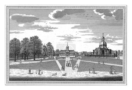 Téléchargez les photos : Vue de la mairie de Batavia, Jacob van der Schley, 1747 - 1779 Vue de la place de la mairie de Batavia, avec la mairie au milieu et une église à droite. - en image libre de droit