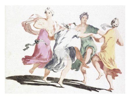 Foto de Cuatro mujeres bailarinas, anónimas, 1688 - 1698 Cuatro mujeres bailan juntas en círculo. - Imagen libre de derechos