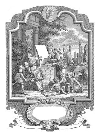 Téléchargez les photos : Cartouche avec allégorie sur l'histoire de l'Etrurie, Jan Caspar Philips, 1752 Histoire à un monument sur lequel la carte de l'Etrurie et un médaillon avec le portrait de Pythagore. - en image libre de droit