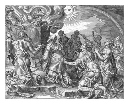Téléchargez les photos : Le Sacrifice de Noé, Cornelis Cort, d'après Maarten van Heemskerck, 1600 - 1652 A gauche un autel sacrificiel avec divers animaux. Noé et sa famille sont agenouillés devant l'autel. - en image libre de droit