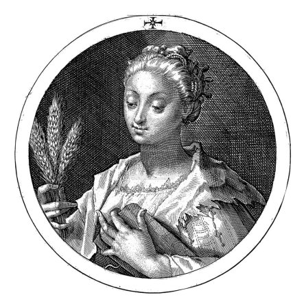 Téléchargez les photos : Sibyl hellespontique, Crispijn van de Passe (I), 1601 Buste de Sibyl hellespontique. Dans sa main droite elle tient trois pailles et dans sa main gauche un livre. - en image libre de droit