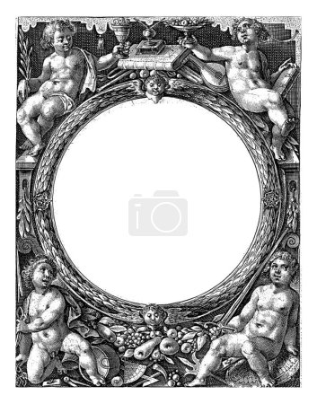 Photo for Title print for a series with the twelve sibyls, Crispijn van de Passe (I), 1601 Medallion with the title and a dedication, in Latin. In the four corners a putti with attribute and various decorations. - Royalty Free Image
