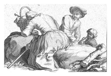 Photo for The Young Thief, Frederick Bloemaert, after Abraham Bloemaert, after 1635 - 1669 A woman is sleeping beside the road, bent over her basket. Next to her are two boys. - Royalty Free Image