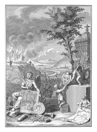 Téléchargez les photos : Allégorie de l'histoire de France, Jan Caspar Philips, 1771 Paysage avec une bataille. Au premier plan Histoire avec un tableau à la main et un médaillon. - en image libre de droit