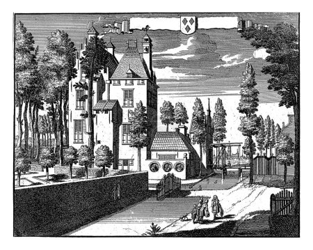 Téléchargez les photos : Vue du château de Den Engh, Jan van Vianen, d'après Caspar Specht, 1725 - 1751 Vue du château de Den Engh. Au premier plan une compagnie élégante avec un chien. - en image libre de droit
