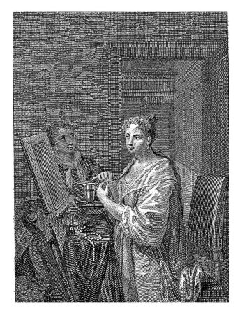 Téléchargez les photos : La dame fait ses toilettes, Philippus Velijn, d'après Nicolaus Heideloff, d'après Philip van Dijk, 1819 Une dame devant un miroir fait ses toilettes. A côté d'elle une servante avec un plateau. - en image libre de droit