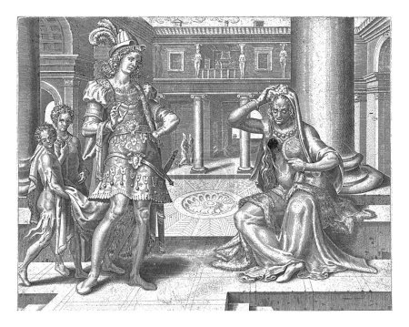 Photo for Absalom addresses the wailing Tamar, Philips Galle, after Maarten van Heemskerck, 1559 Tamar sits in the street under a pillar and she throws dust on her head and tears her multicolored dress. - Royalty Free Image