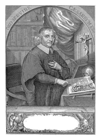 Téléchargez les photos : Portrait d'Andreas César, Monogrammiste PB (graveur), 1678 Portrait d'Andreas César, pasteur à La Haye, montrant un livre de prière ouvert, debout dans son étude. - en image libre de droit
