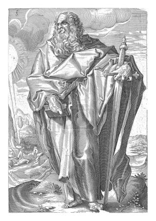 Foto de Paulus, anónimo, después de Hendrick Goltzius, 1589 - 1625 Paulus se encuentra en un paisaje montañoso con una espada en una mano y un libro en la otra. - Imagen libre de derechos